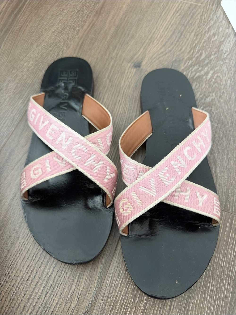 Givenchy Black Leather Slides with Pink Logo Cross Straps
